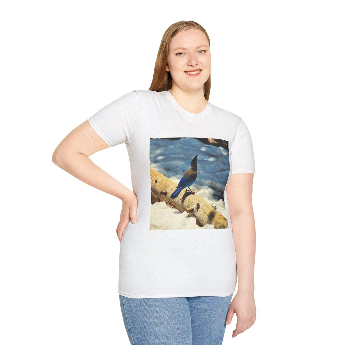 Blue Jay in Snow T-Shirt – Winter Wildlife Apparel for Birdwatchers & Nature Lovers